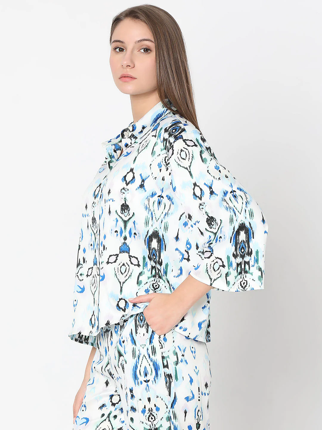 White Abstract Print Co-Ord Set Shirt - Image 3