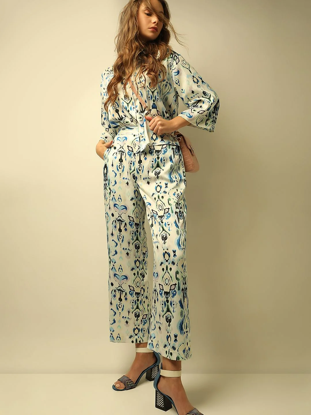 White Abstract Print Co-Ord Set Pants