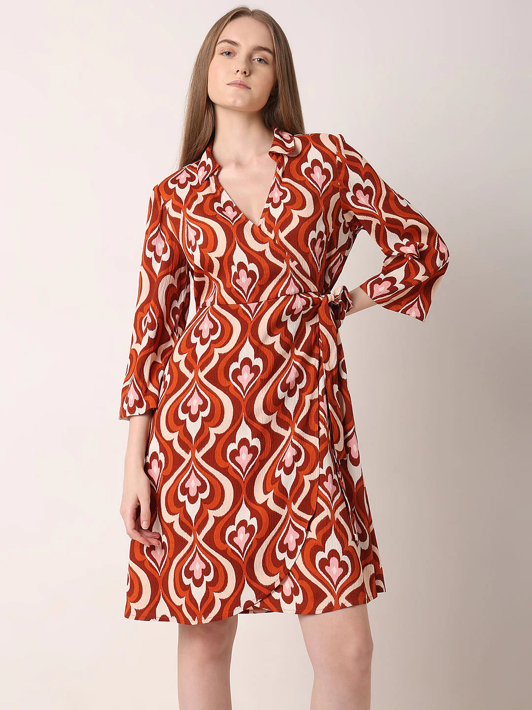 Orange Printed Mock Wrap Dress - Image 2