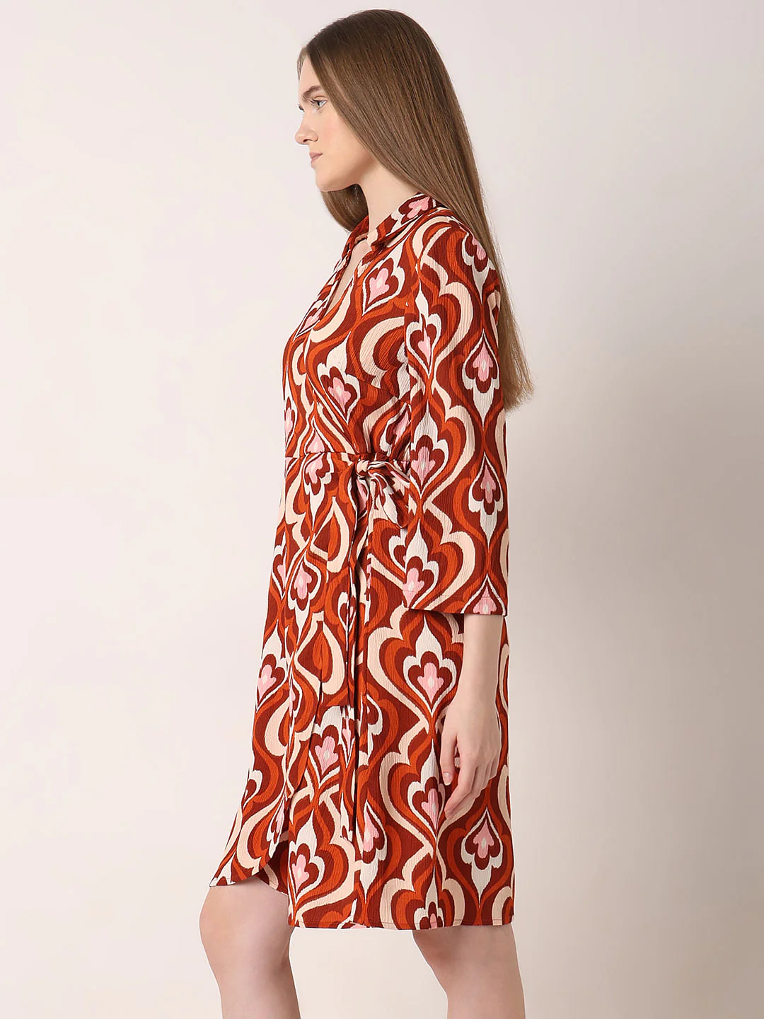 Orange Printed Mock Wrap Dress - Image 3