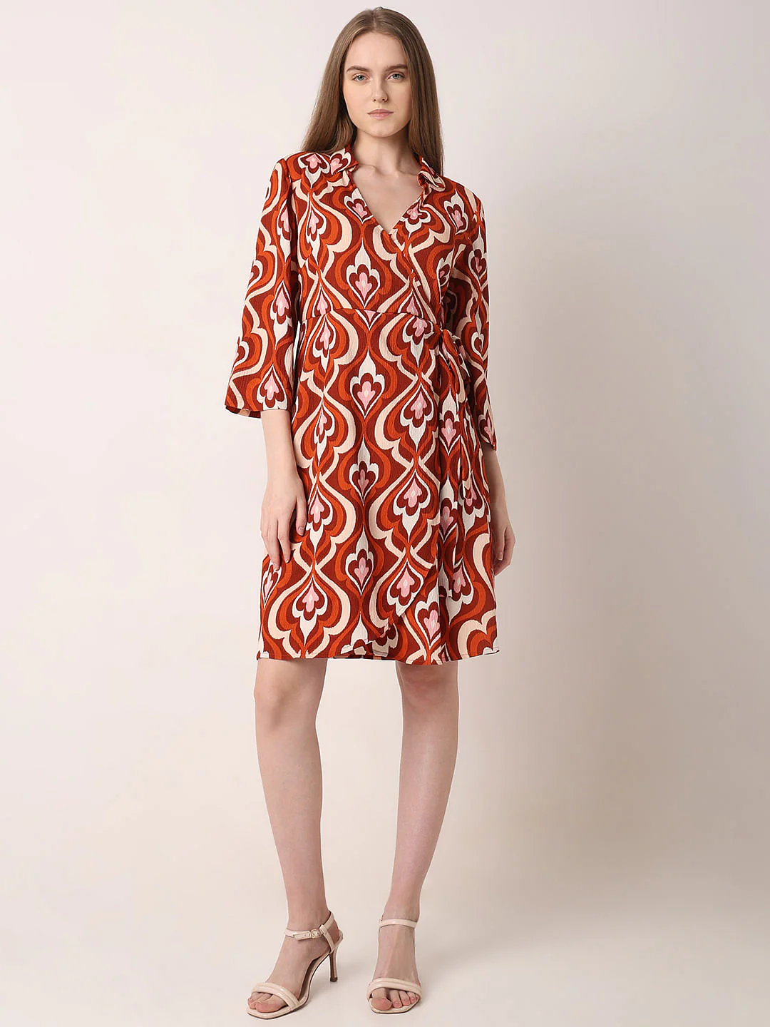 Orange Printed Mock Wrap Dress - Image 5
