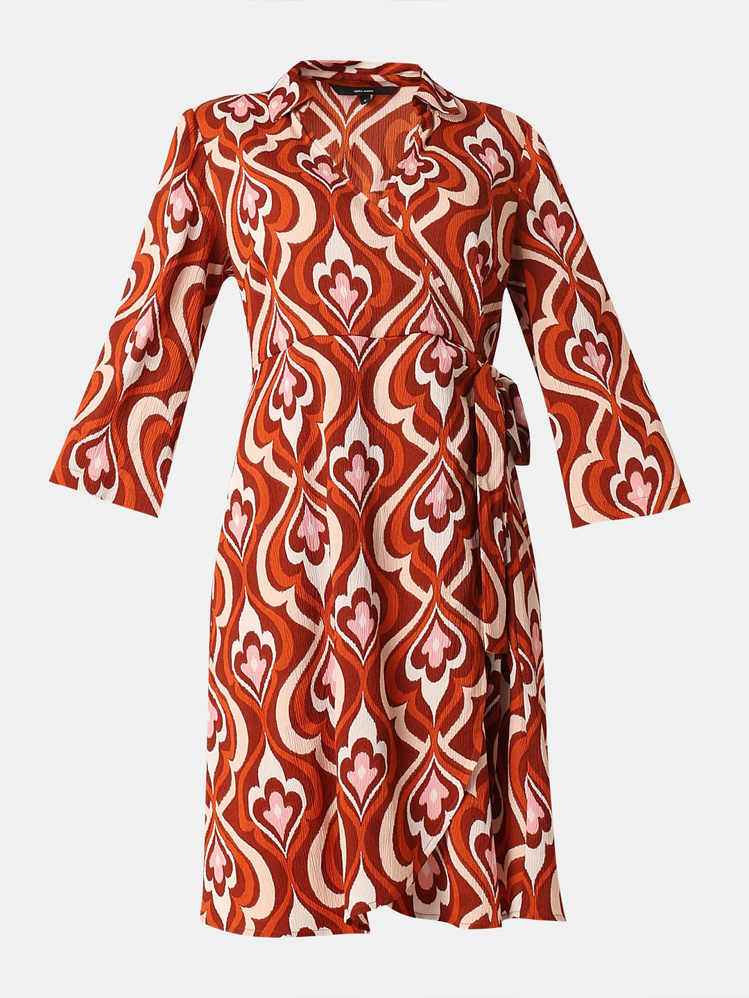 Orange Printed Mock Wrap Dress - Image 7