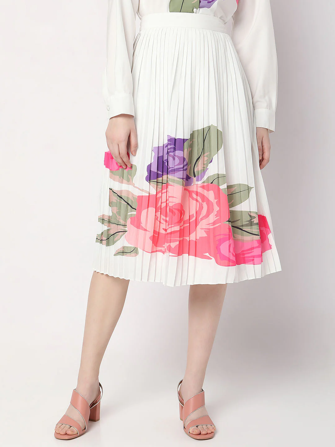 White Floral Pleated Midi Co-Ord Set Skirt - Image 2