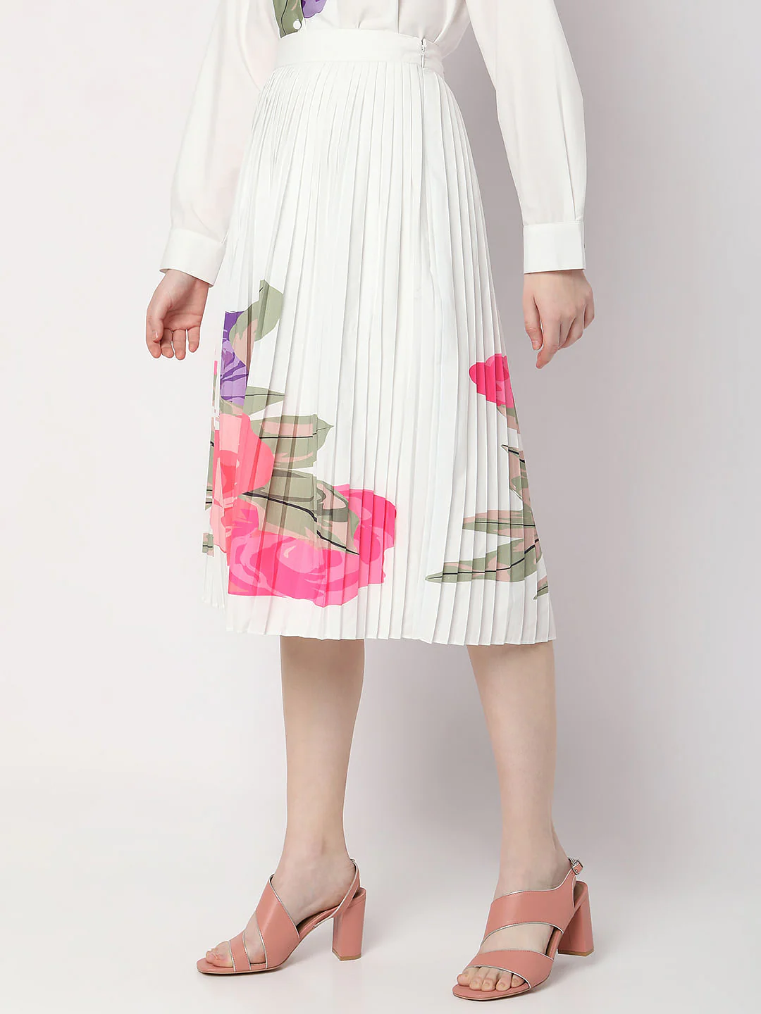 White Floral Pleated Midi Co-Ord Set Skirt - Image 3