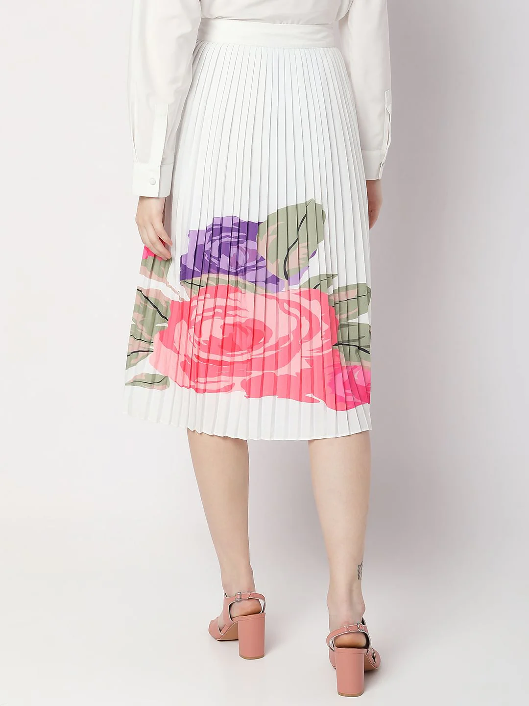 White Floral Pleated Midi Co-Ord Set Skirt - Image 4