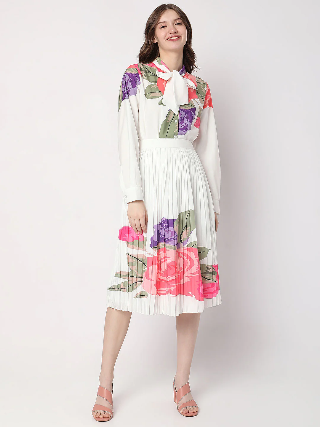 White Floral Pleated Midi Co-Ord Set Skirt - Image 6