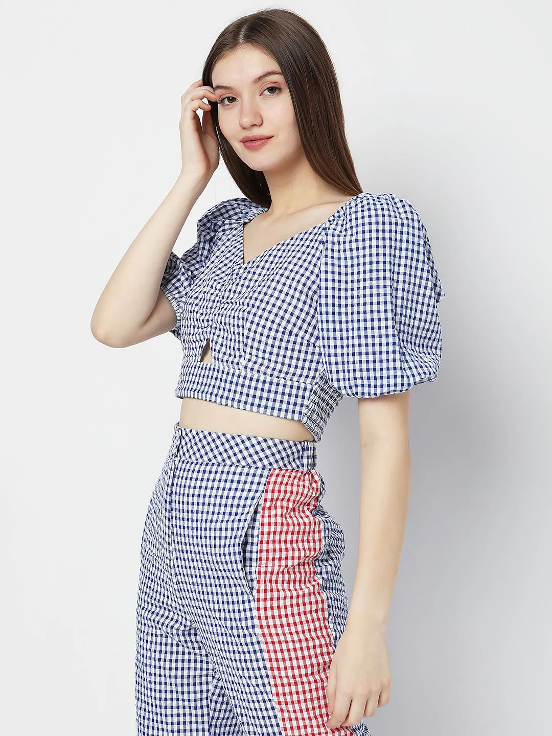 White & Blue Check Co-Ord Set Crop Top - Image 3