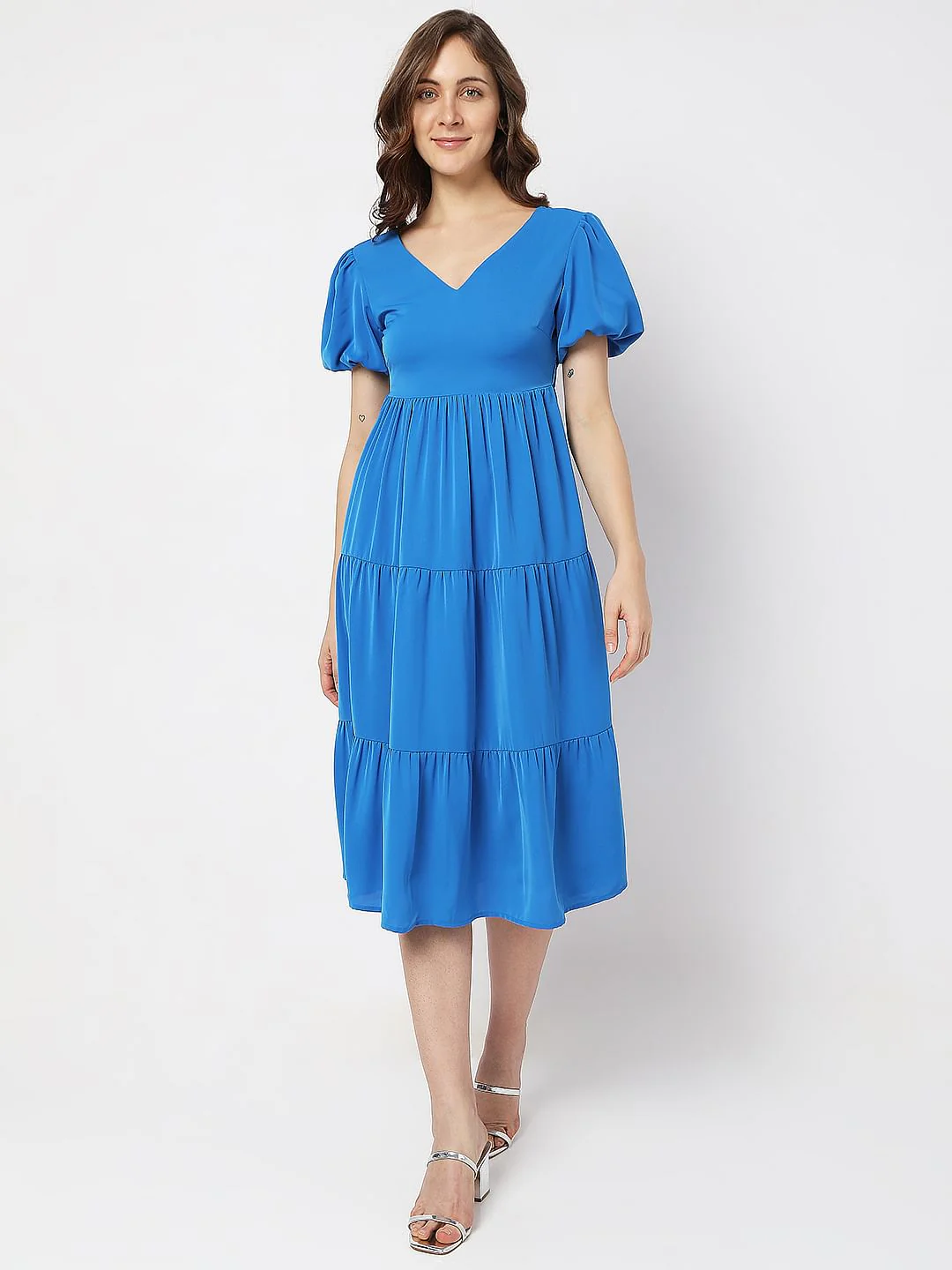Blue Puff Sleeves Tiered Midi Dress - Image 2