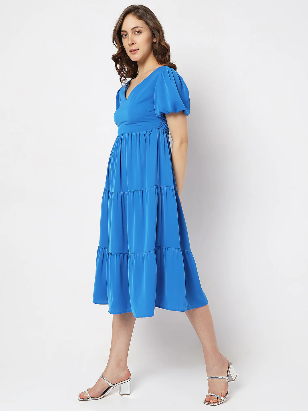 Blue Puff Sleeves Tiered Midi Dress - Image 3