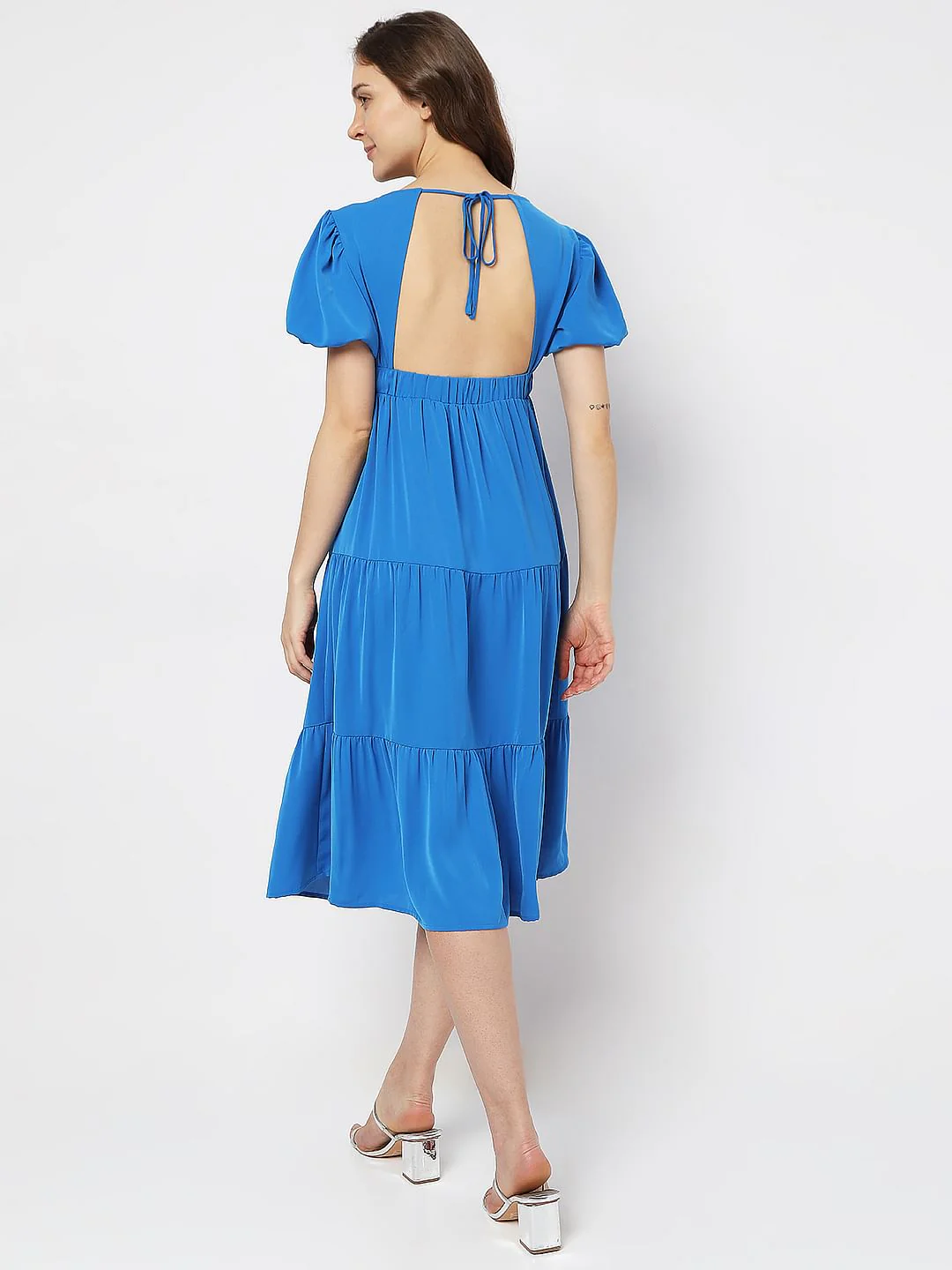 Blue Puff Sleeves Tiered Midi Dress - Image 4