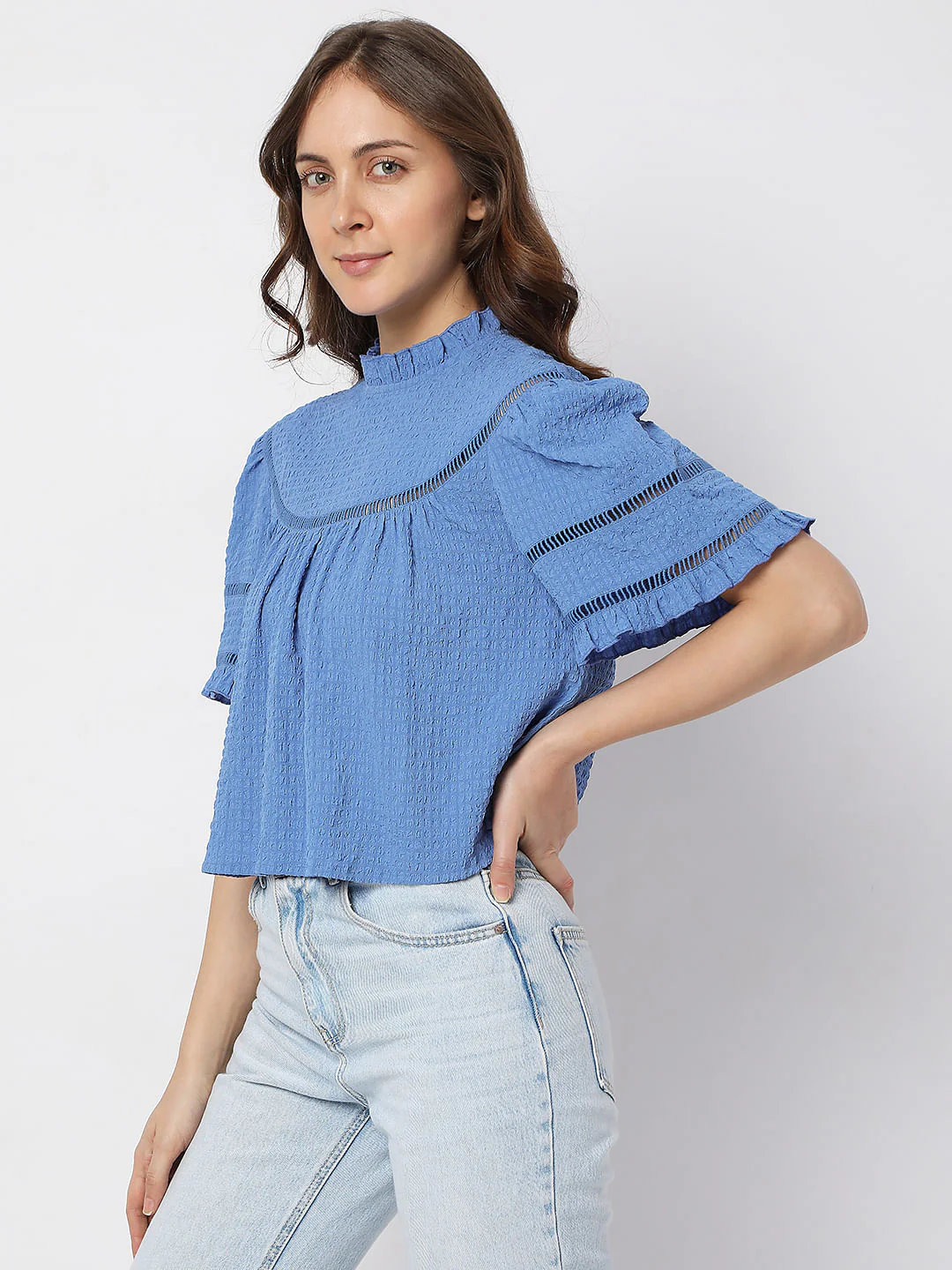 Blue Textured Flared Top - Image 3