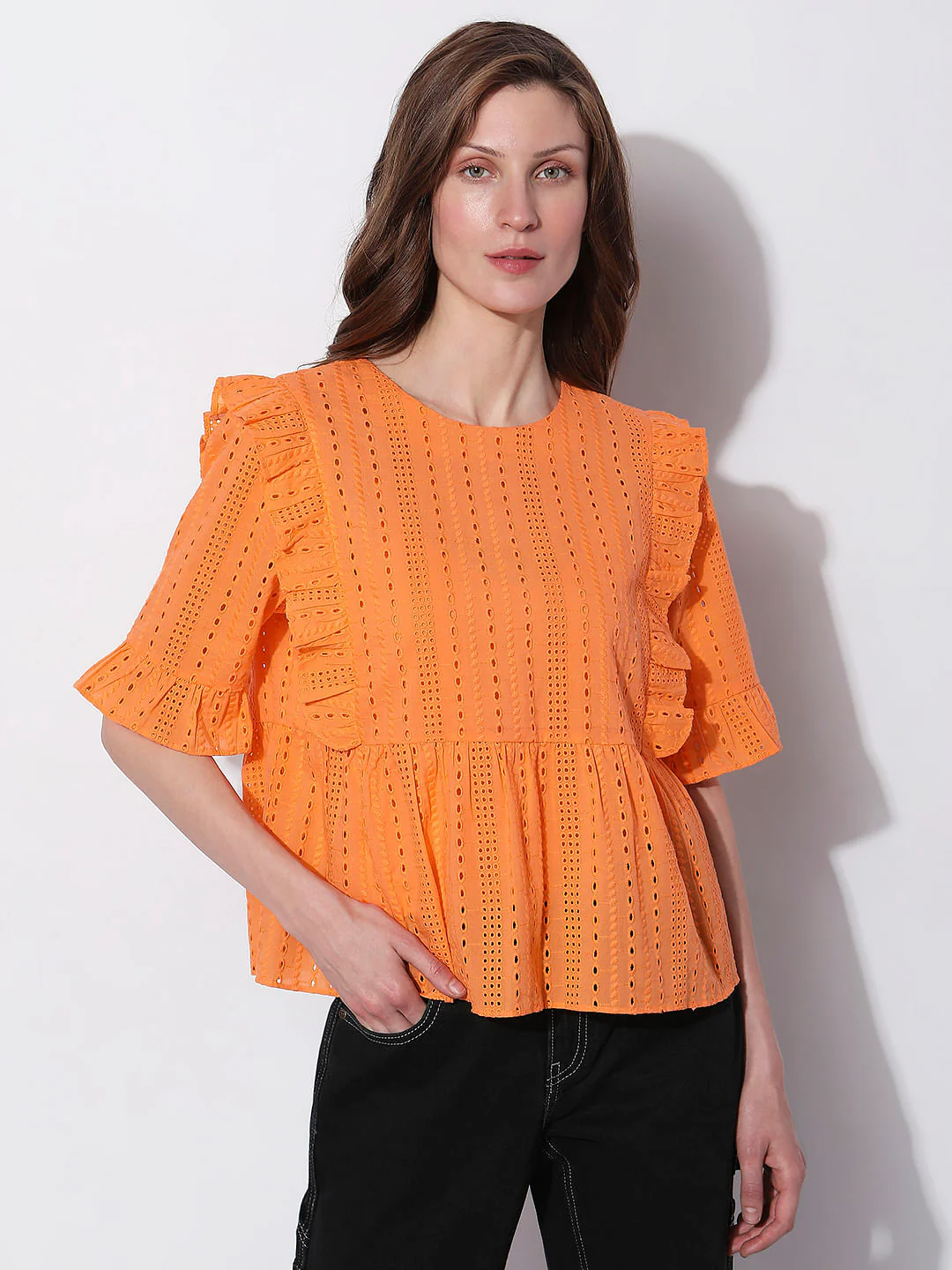 Orange Schiffli Ruffle Top - Image 2