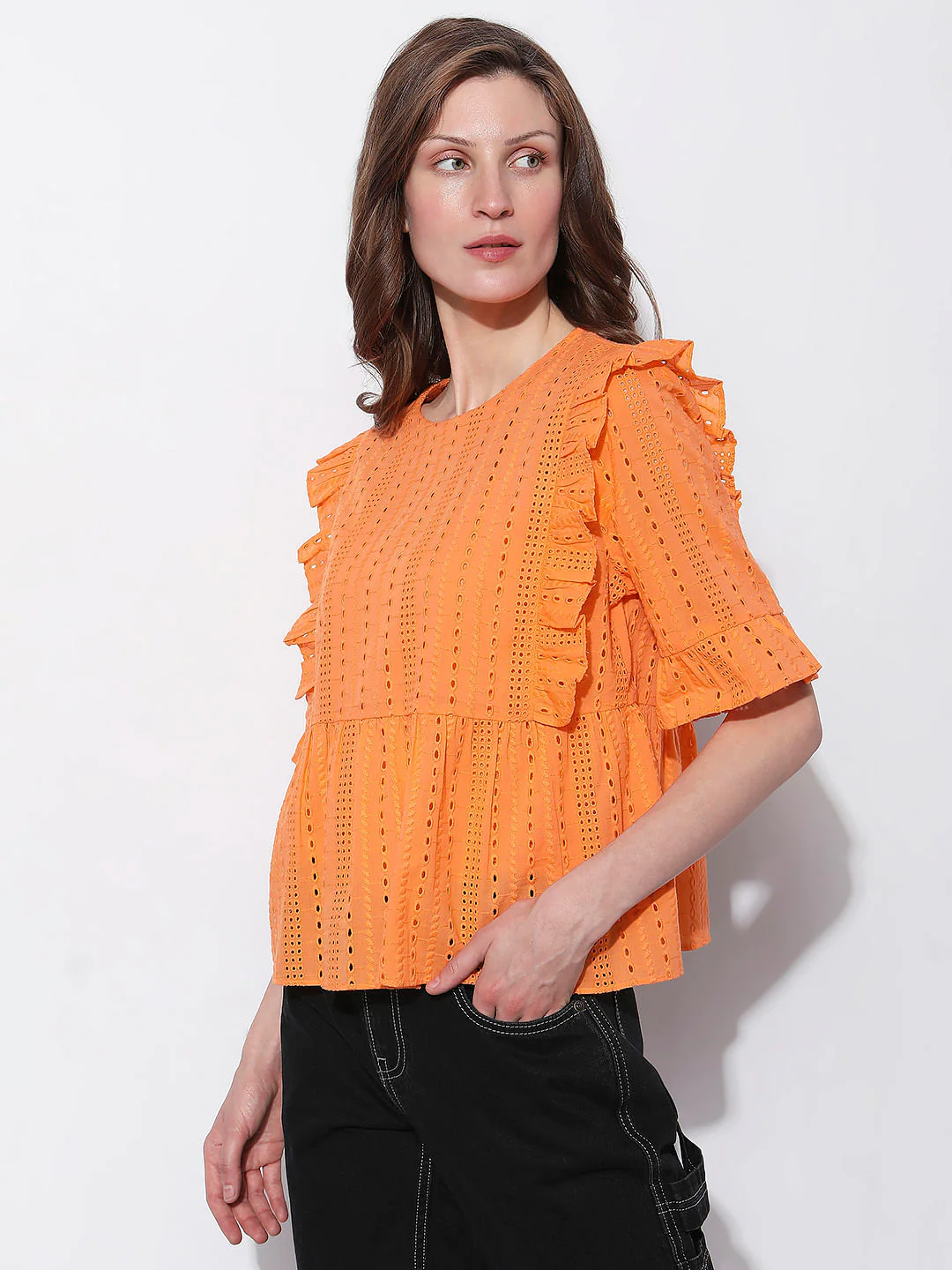 Orange Schiffli Ruffle Top - Image 3
