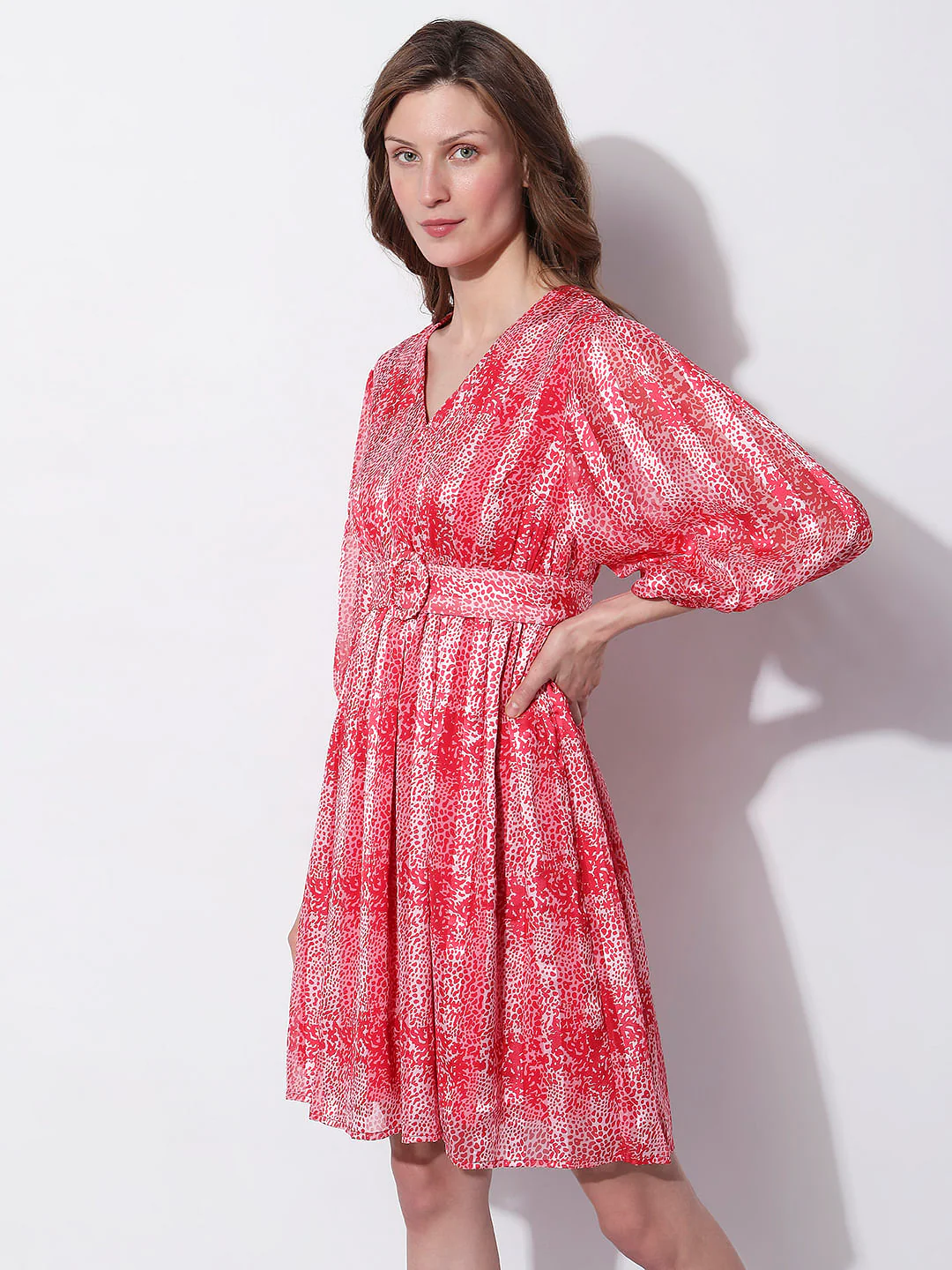 Red Printed Pleated Dress - Image 3