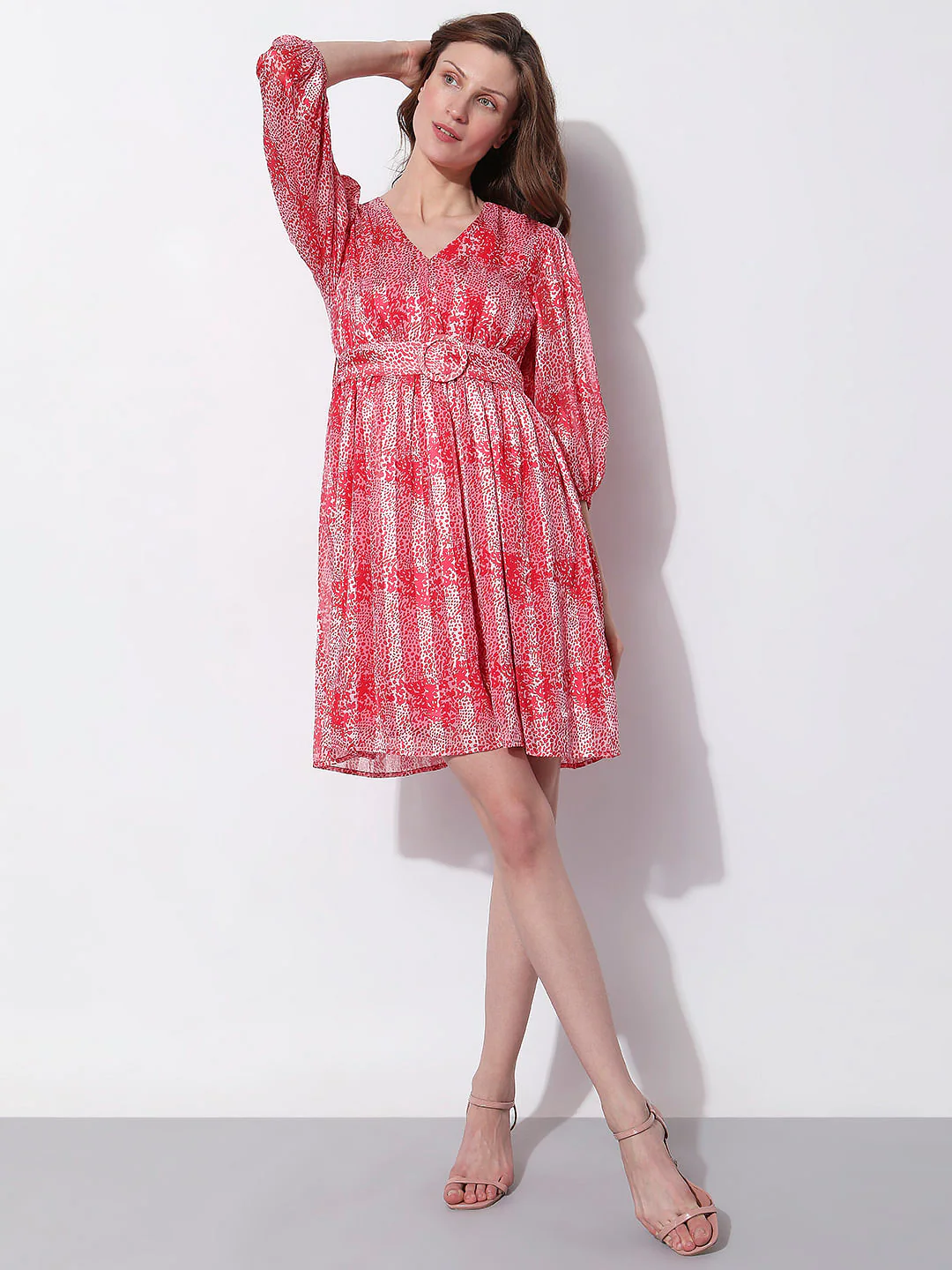Red Printed Pleated Dress - Image 5