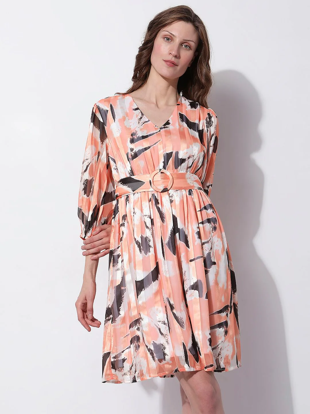 Peach Printed Pleated Dress - Image 2