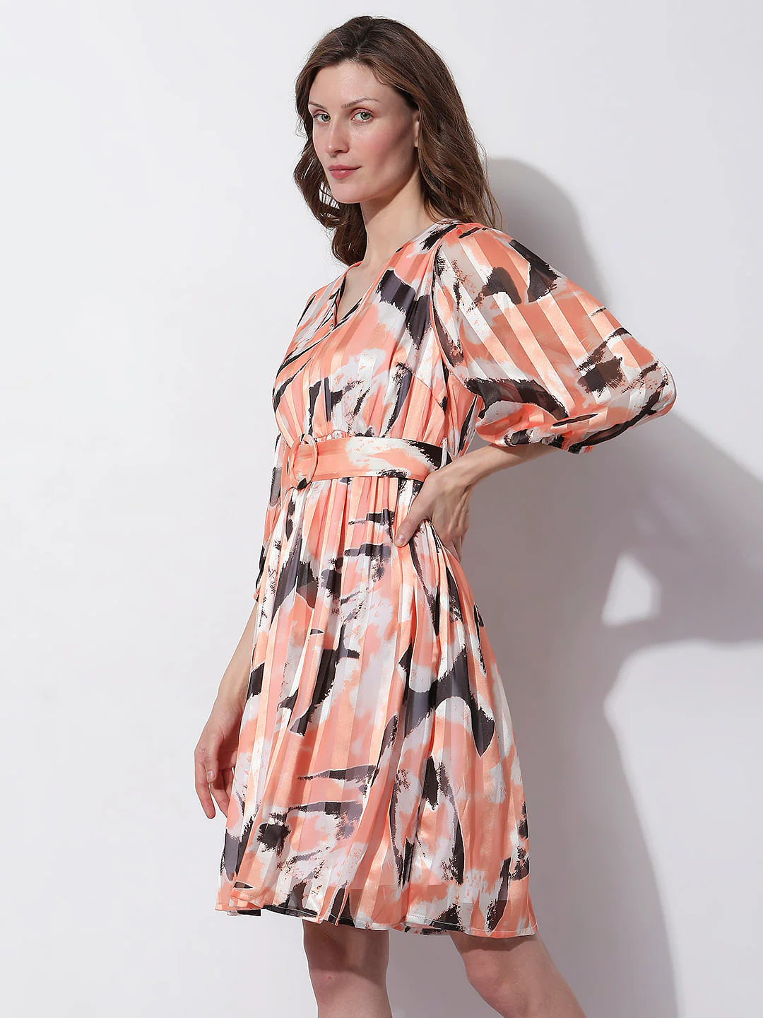 Peach Printed Pleated Dress - Image 3
