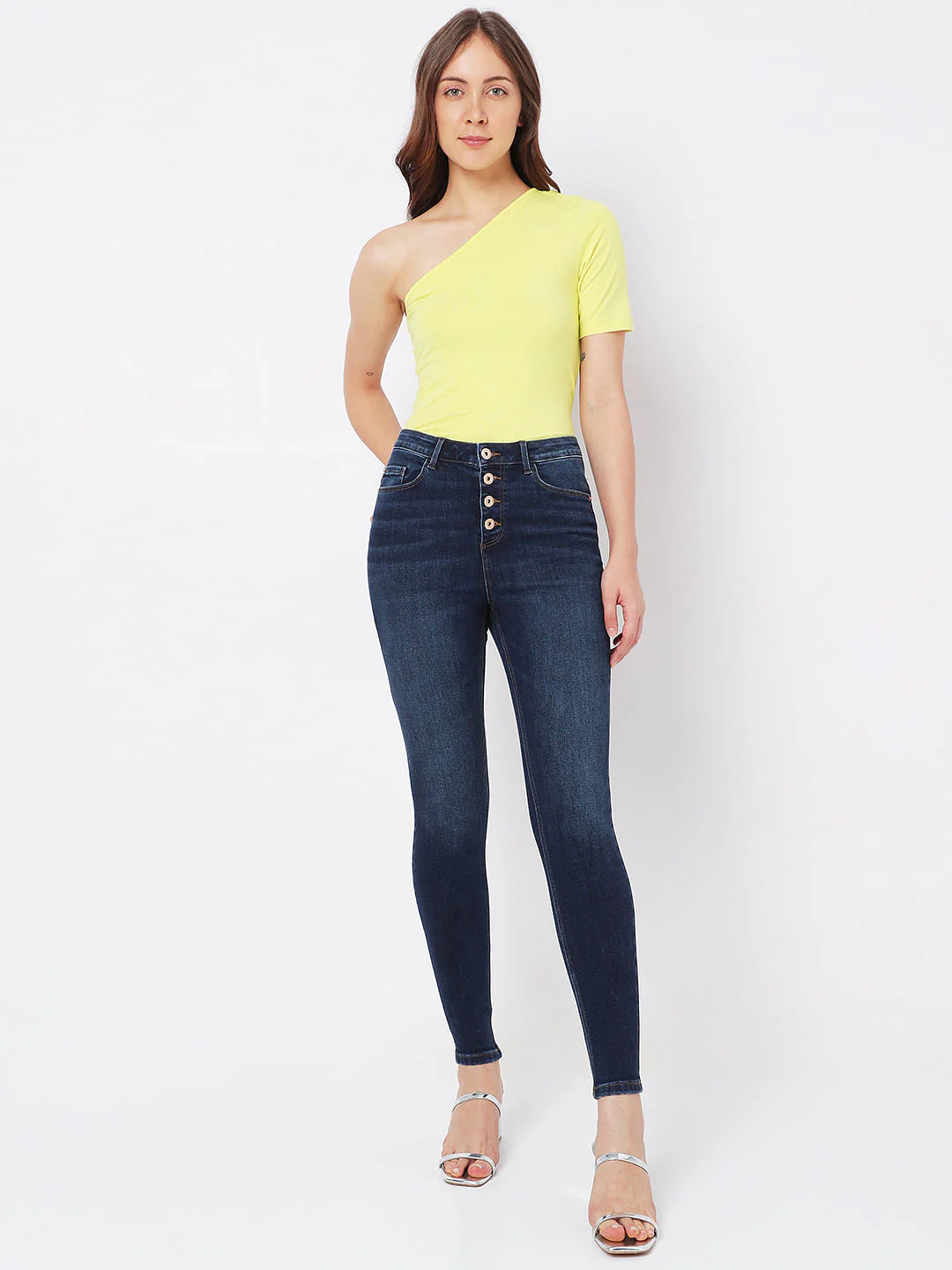 Dark Blue High Rise Buttoned Wendy Skinny Jeans - Image 5