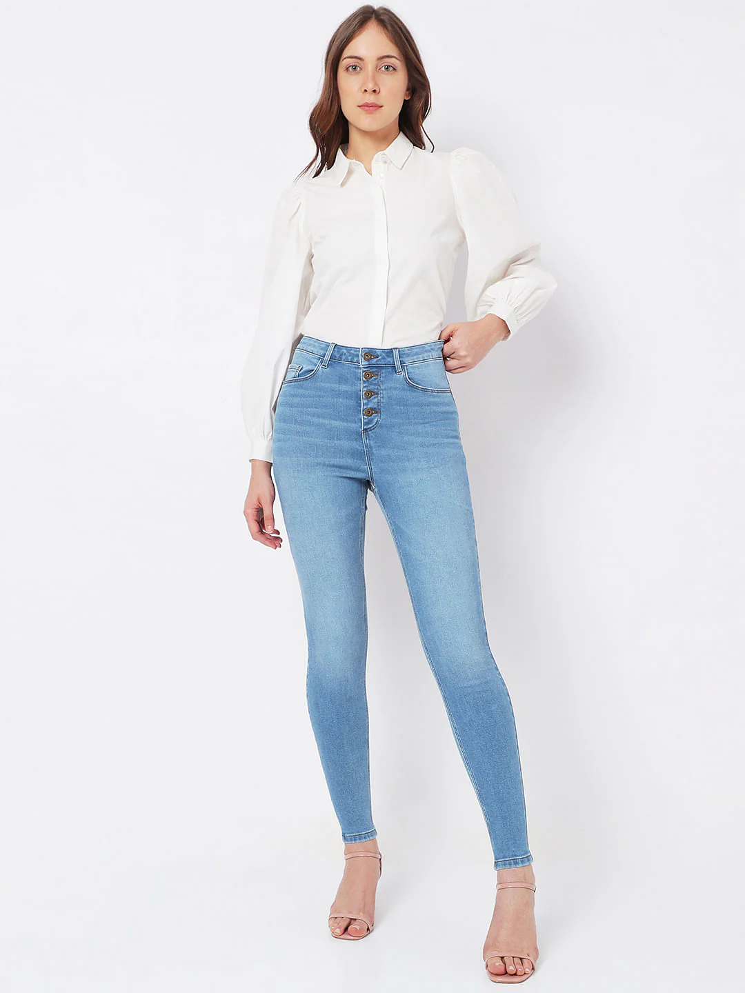 Light Blue High Rise Buttoned Wendy Skinny Jeans - Image 4
