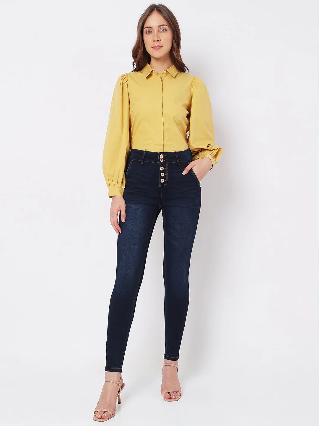 Dark Blue High Rise Buttoned Wendy Skinny Jeans - Image 5