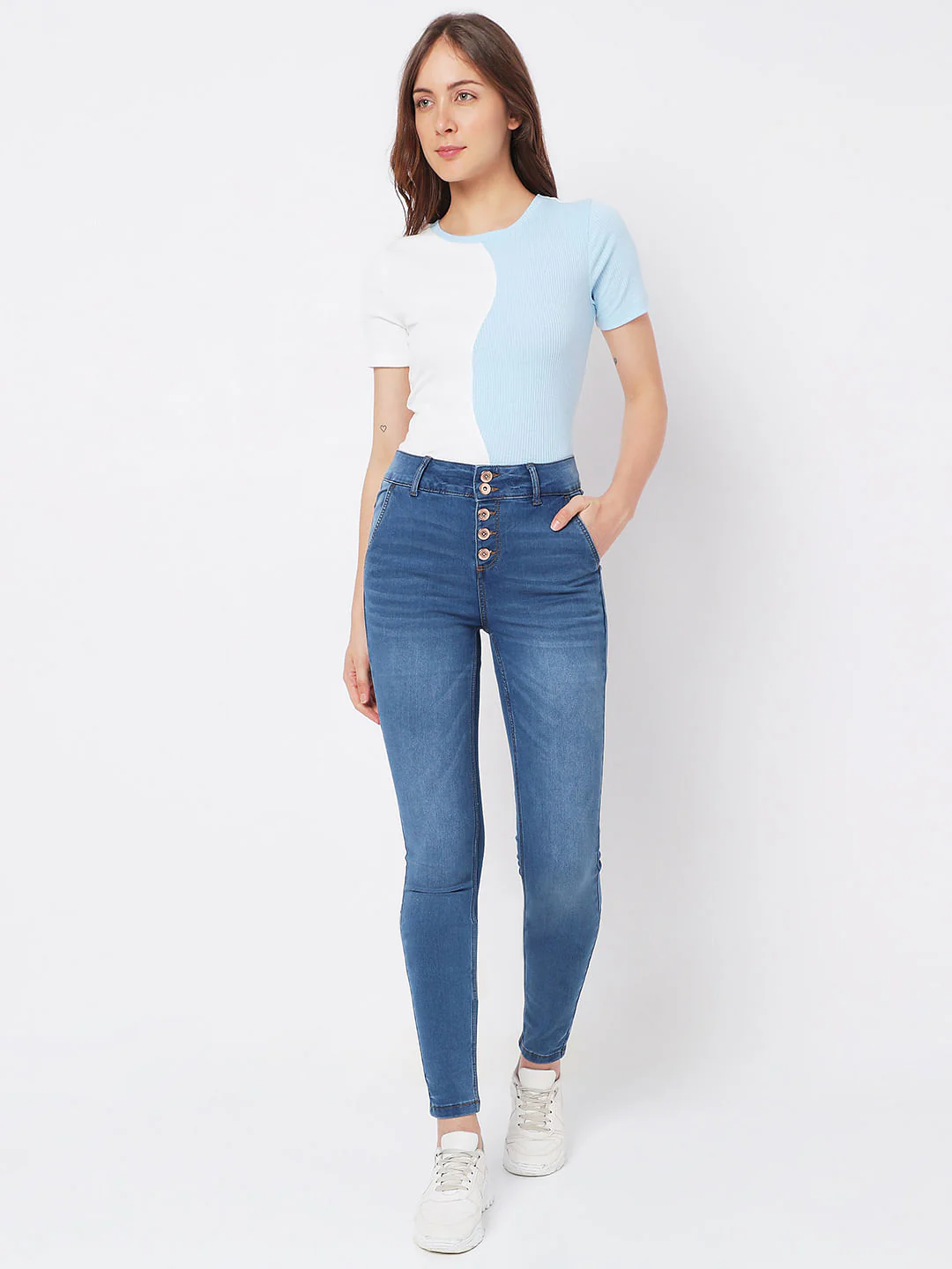 Blue High Rise Buttoned Wendy Skinny Jeans - Image 5