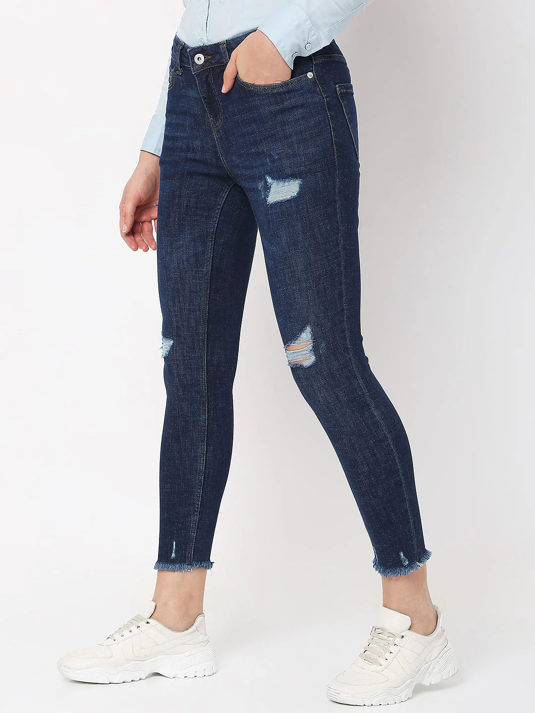 Dark Blue Mid Rise Distressed Wendy Skinny Jeans - Image 2