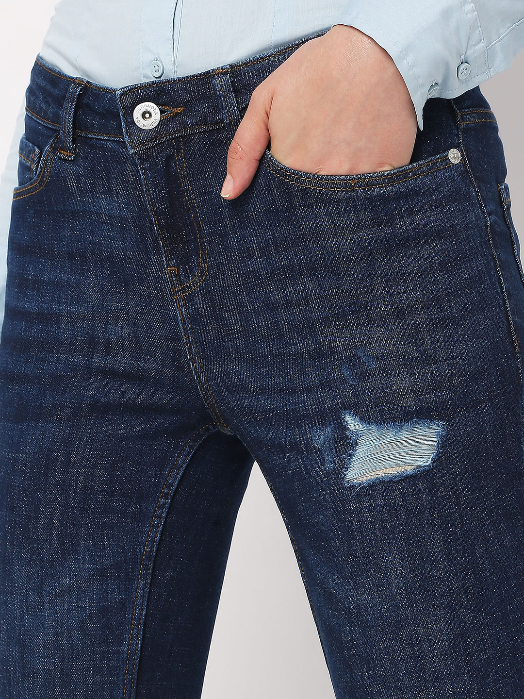 Dark Blue Mid Rise Distressed Wendy Skinny Jeans - Image 4