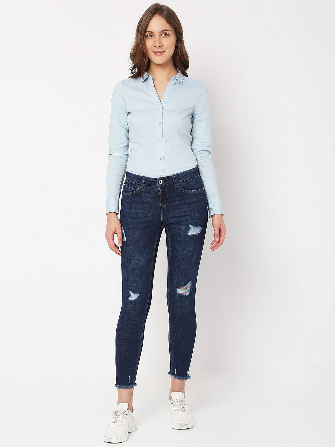 Dark Blue Mid Rise Distressed Wendy Skinny Jeans - Image 5