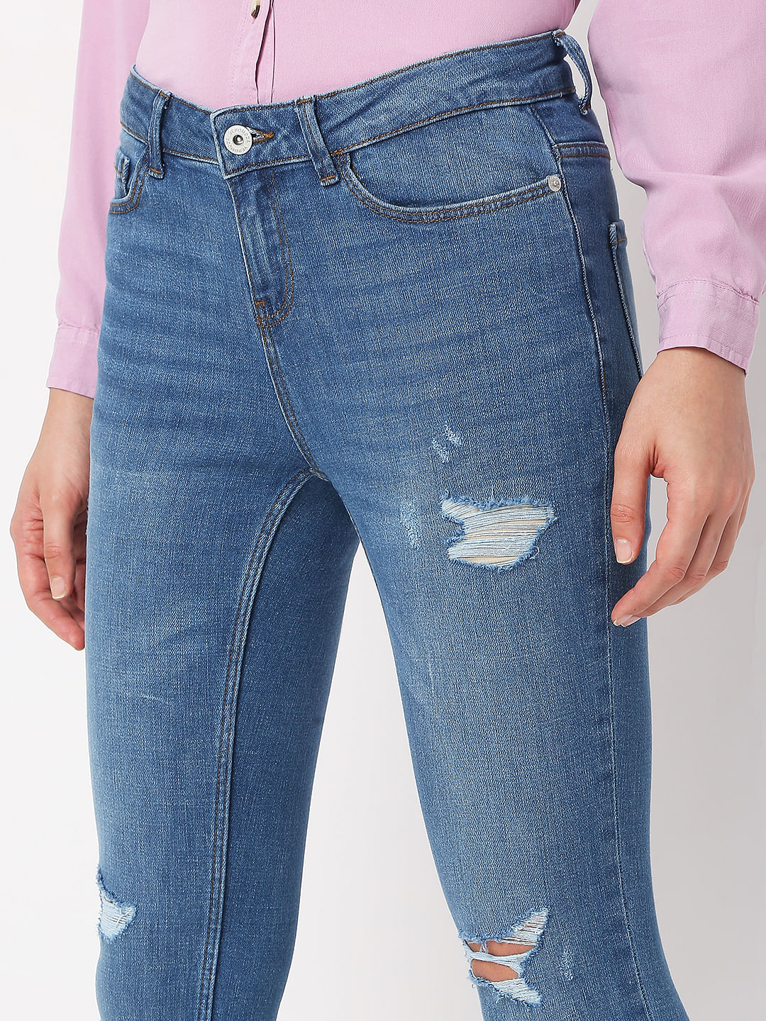 Blue Mid Rise Distressed Wendy Skinny Jeans - Image 4