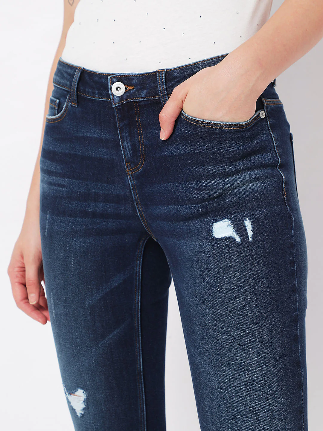 Dark Blue Mid Rise Distressed Wendy Skinny Jeans - Image 4