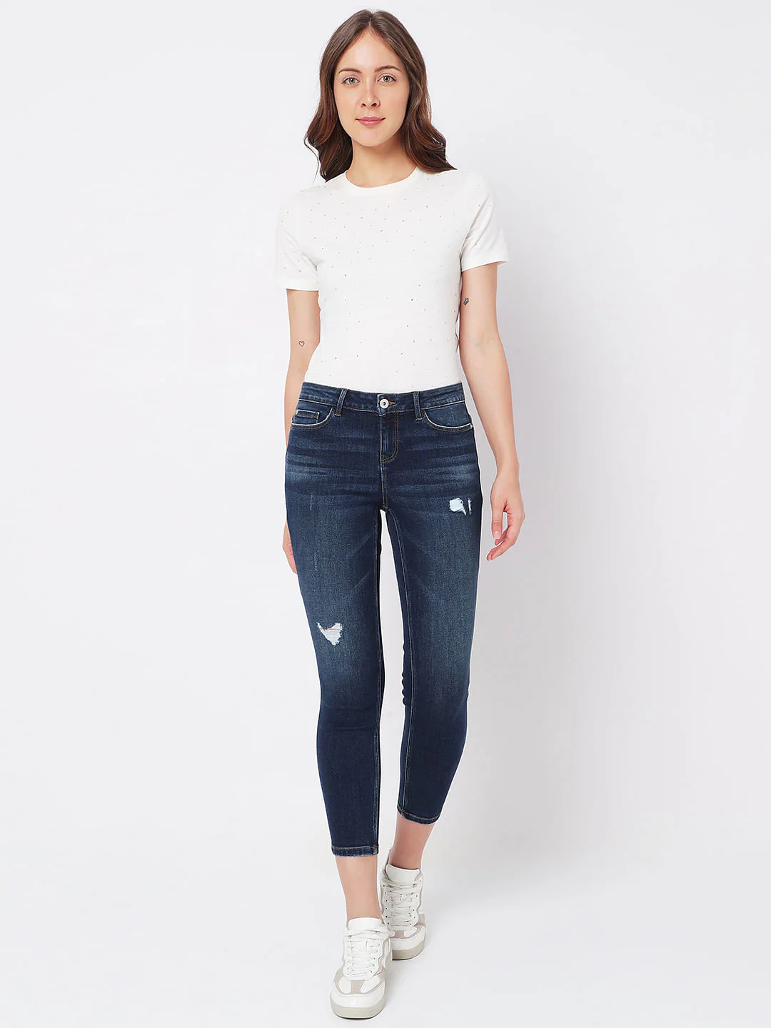 Dark Blue Mid Rise Distressed Wendy Skinny Jeans - Image 5
