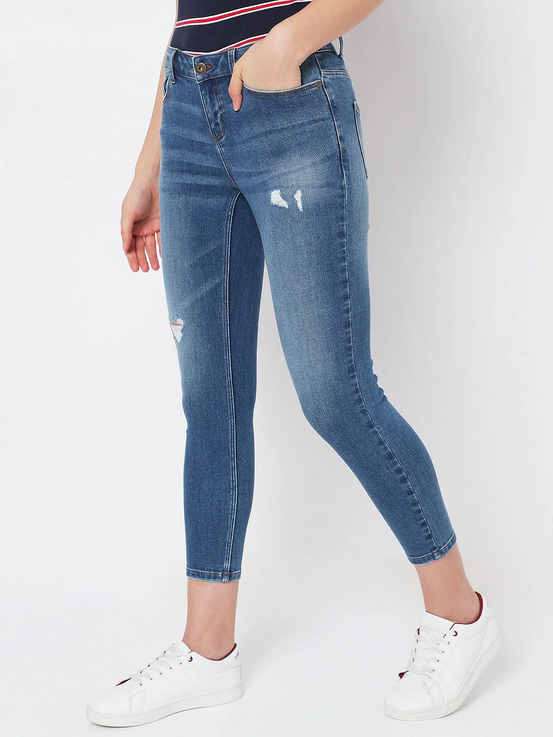Light Blue Mid Rise Distressed Wendy Skinny Jeans - Image 2