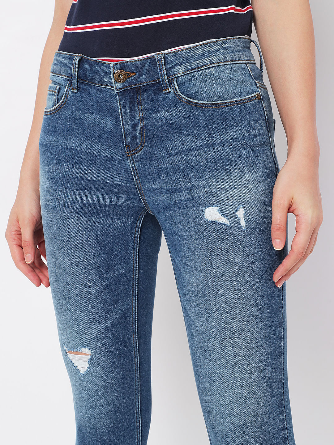 Light Blue Mid Rise Distressed Wendy Skinny Jeans - Image 4