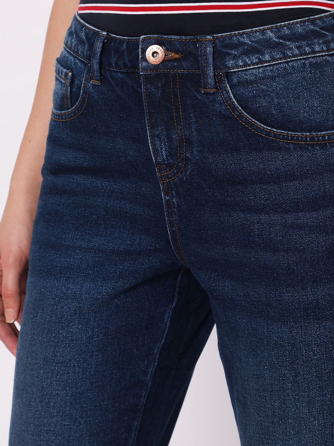 Dark Blue Mid Rise Girlfriend Fit Jeans - Image 4