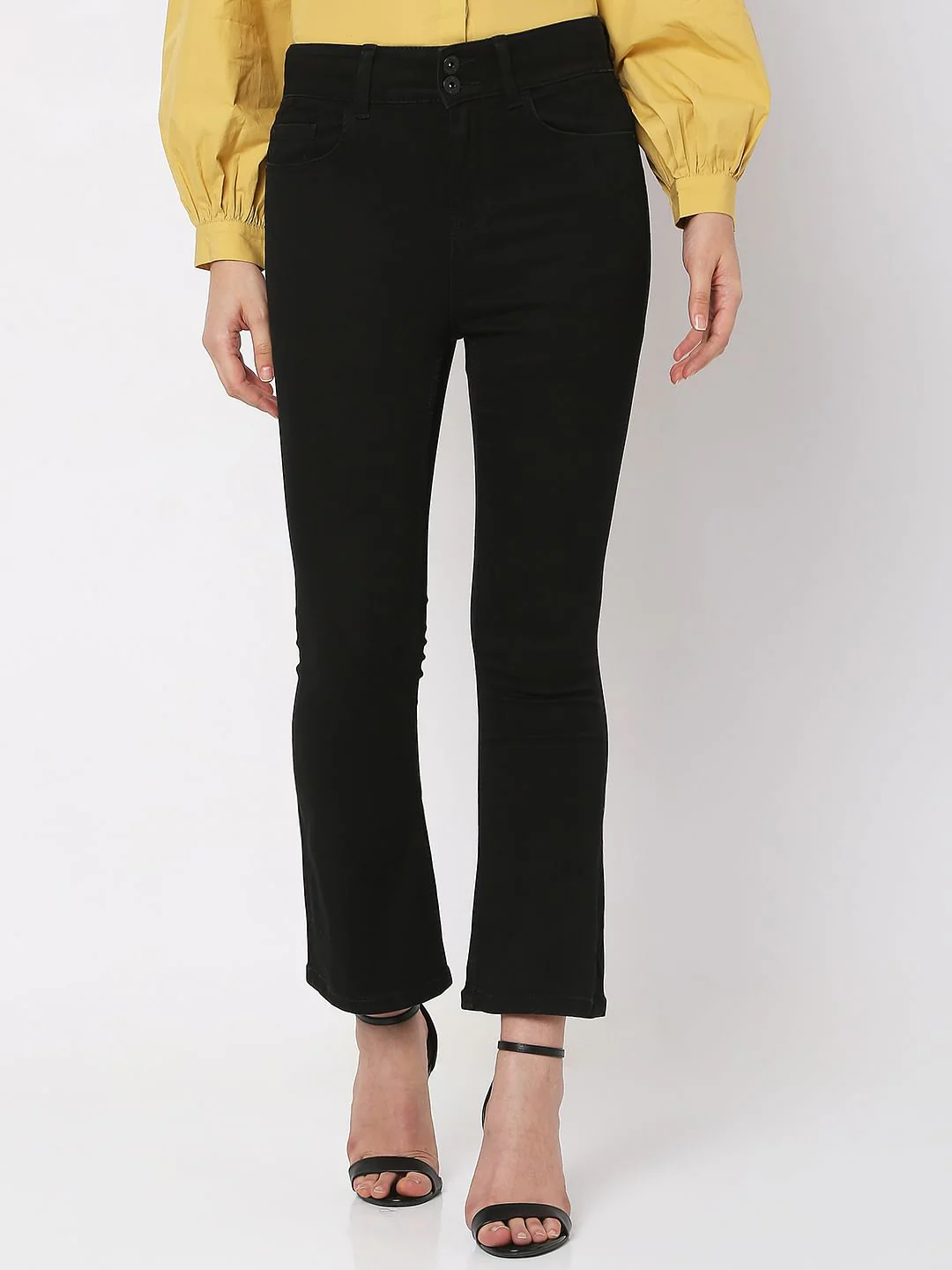 Black High Rise Twin Button Petra Bootcut Jeans