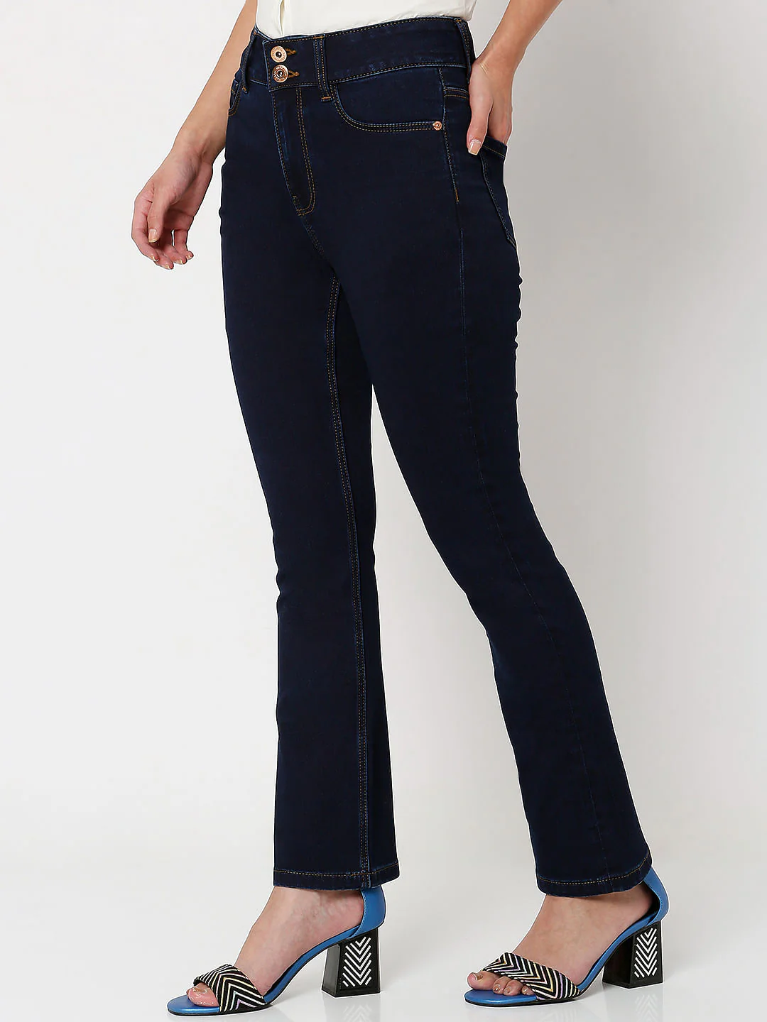 Dark Blue High Rise Twin Button Petra Bootcut Jeans - Image 2