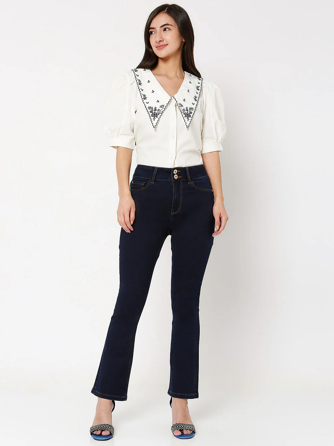 Dark Blue High Rise Twin Button Petra Bootcut Jeans - Image 5