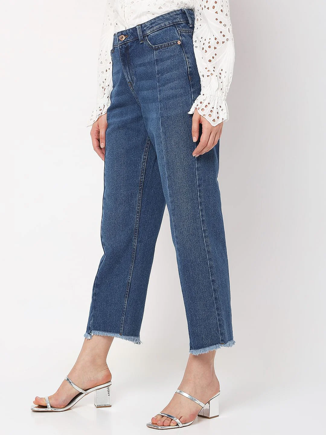 Light Blue High Rise Frayed Wide Leg Jeans - Image 2