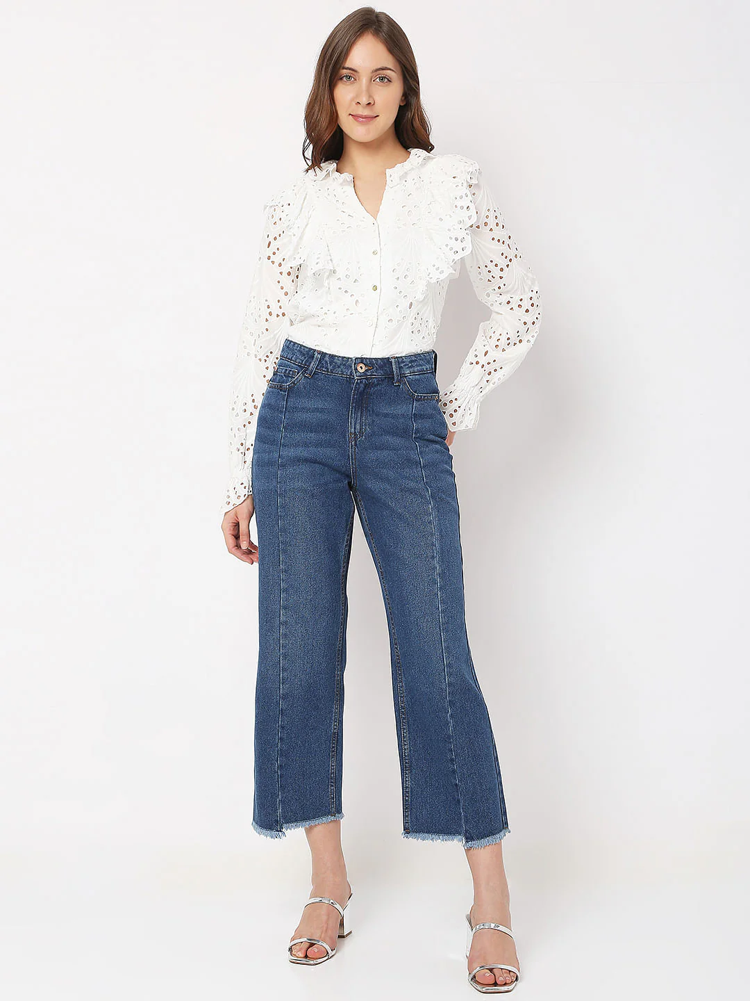 Light Blue High Rise Frayed Wide Leg Jeans - Image 5