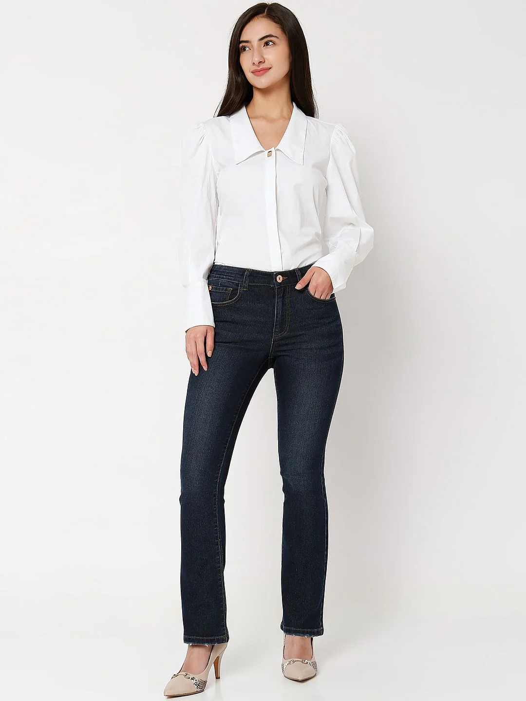Dark Blue Mid Rise Bootcut Jeans - Image 5