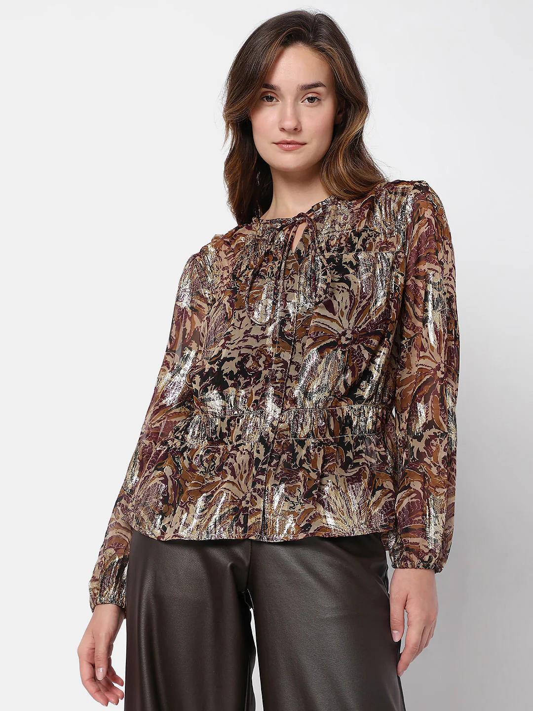 Brown Floral Shimmer Top - Image 2