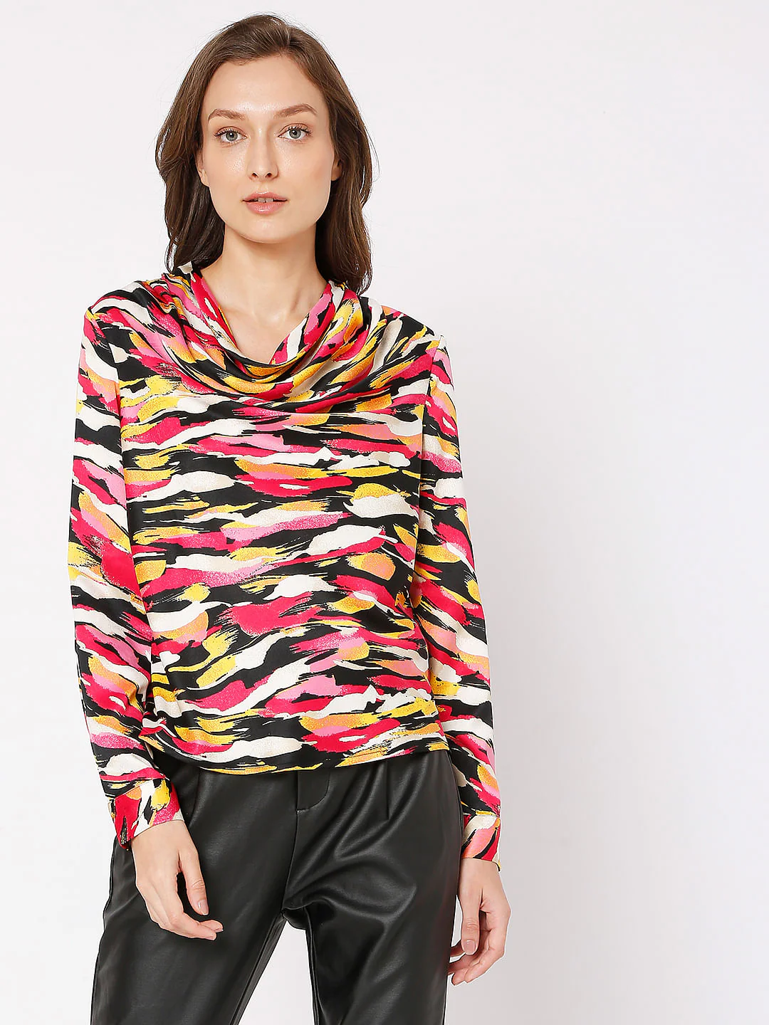 Red Abstract Print Cowl Neck Top - Image 2
