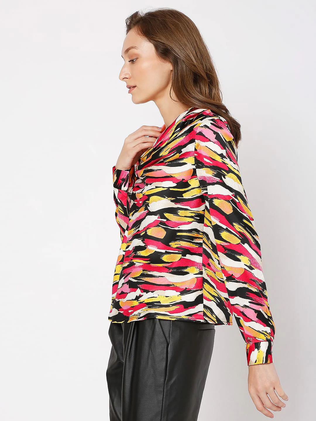 Red Abstract Print Cowl Neck Top - Image 3