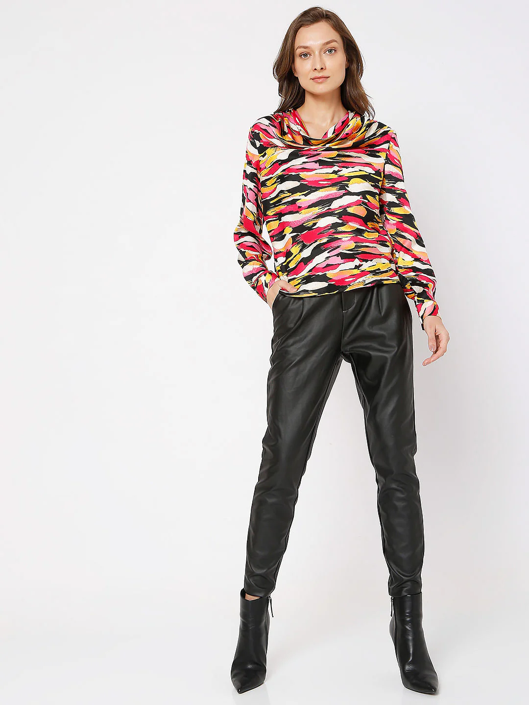 Red Abstract Print Cowl Neck Top - Image 5