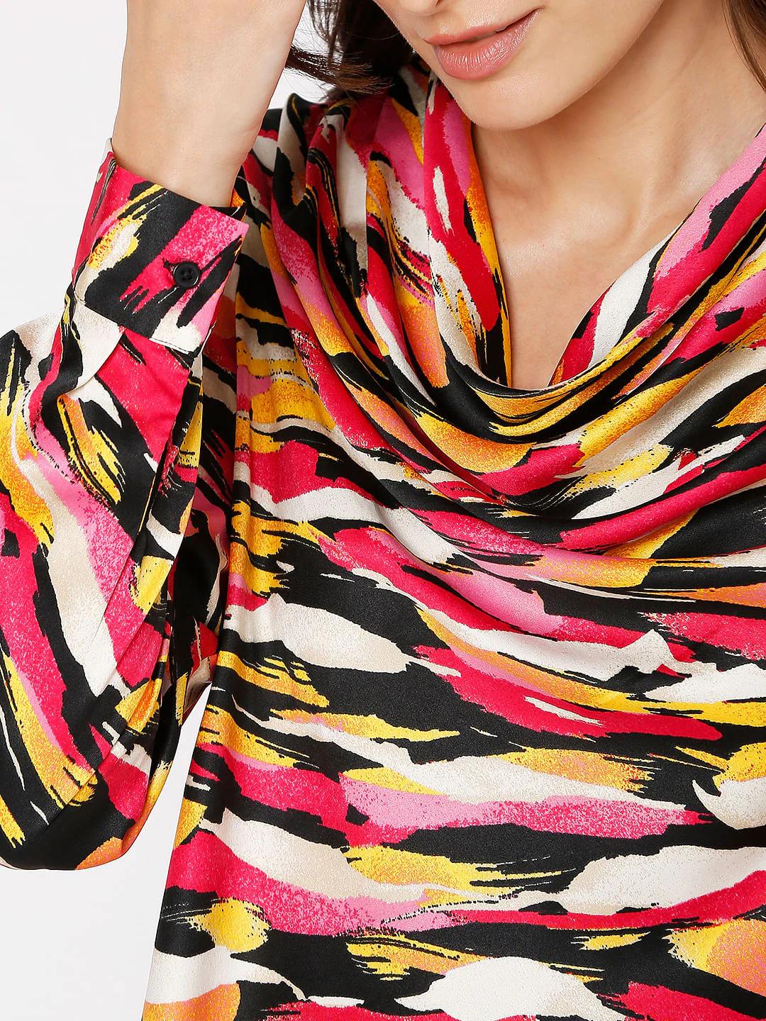 Red Abstract Print Cowl Neck Top - Image 6