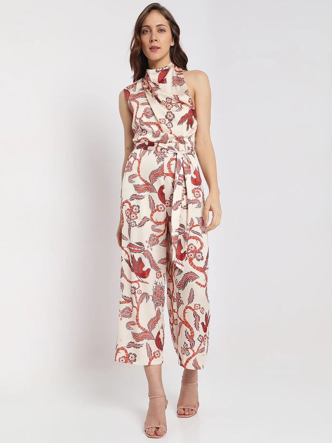 Beige Printed Halter Neck Jumpsuit - Image 2