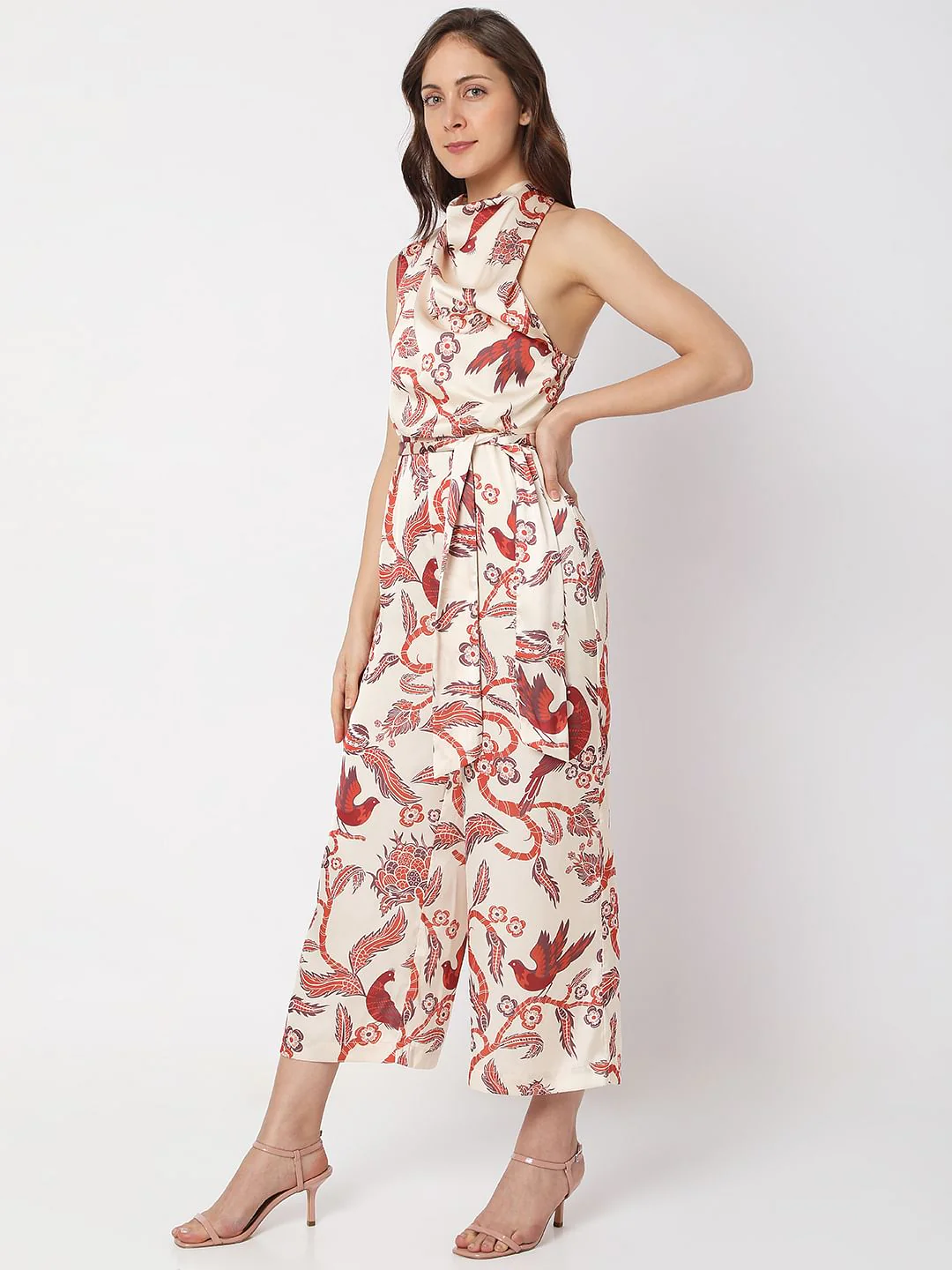 Beige Printed Halter Neck Jumpsuit - Image 3