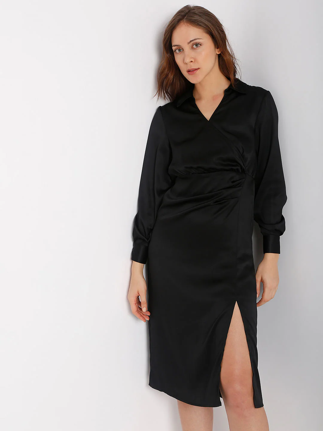 Black Satin Wrap Dress - Image 2