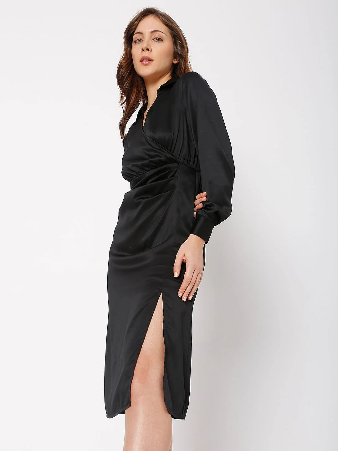 Black Satin Wrap Dress - Image 3