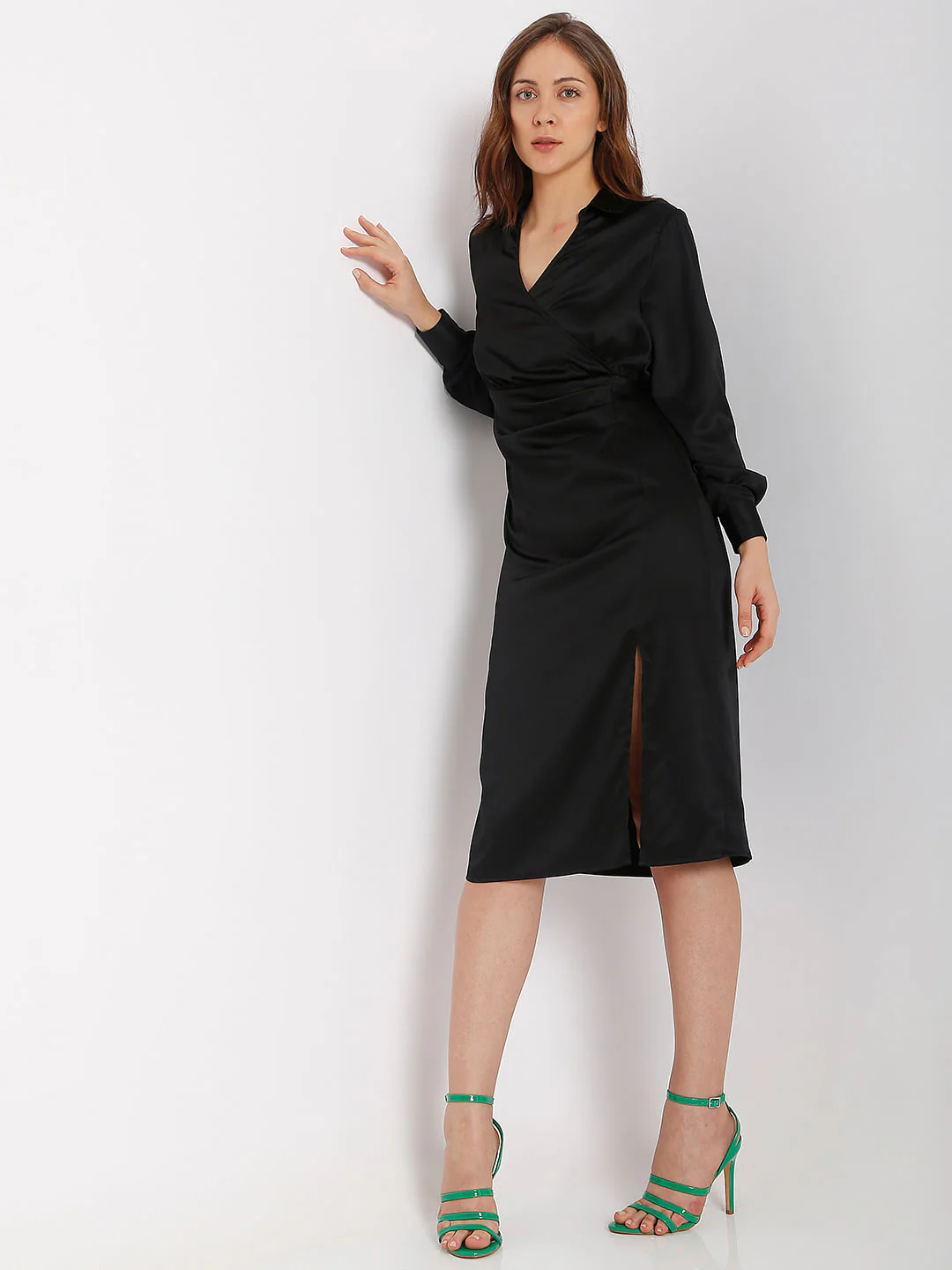 Black Satin Wrap Dress - Image 5